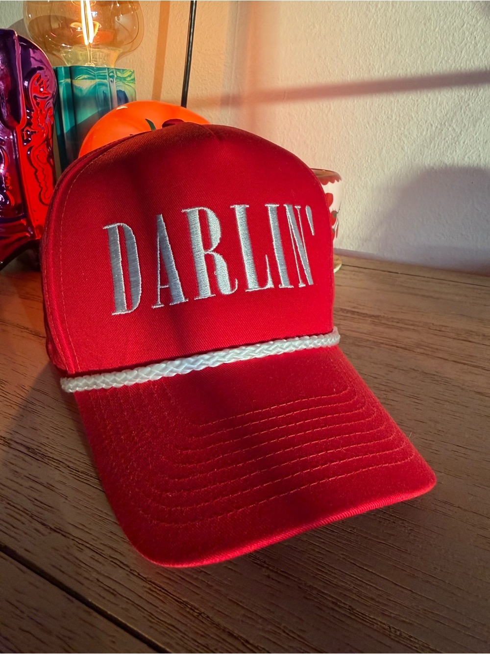 DARLIN' Red Rope-Trim Trucker Hat